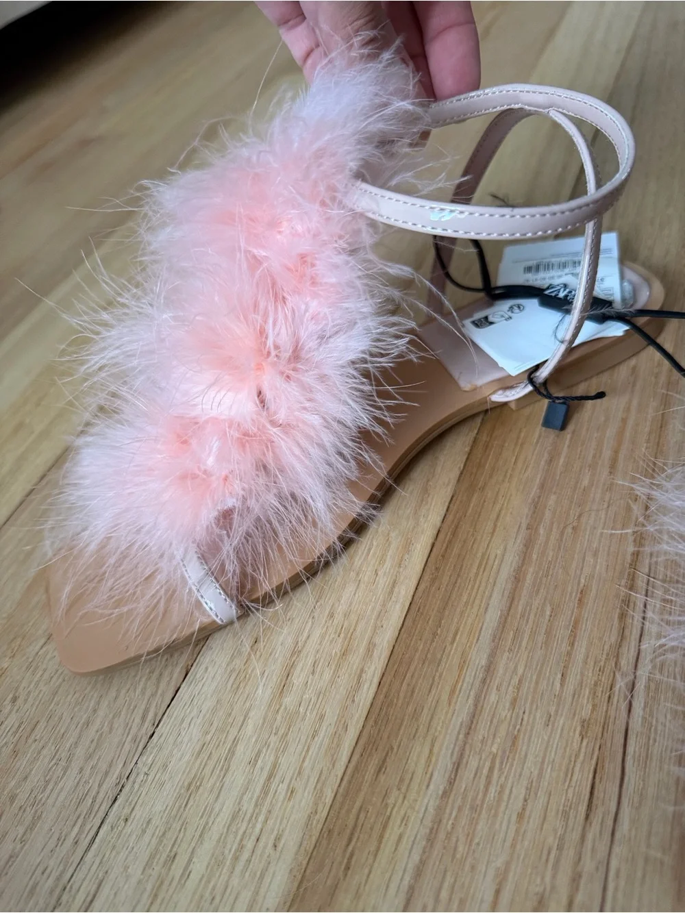 Blush Pink Feather-Trim Slide Sandals - Picture 3 of 8